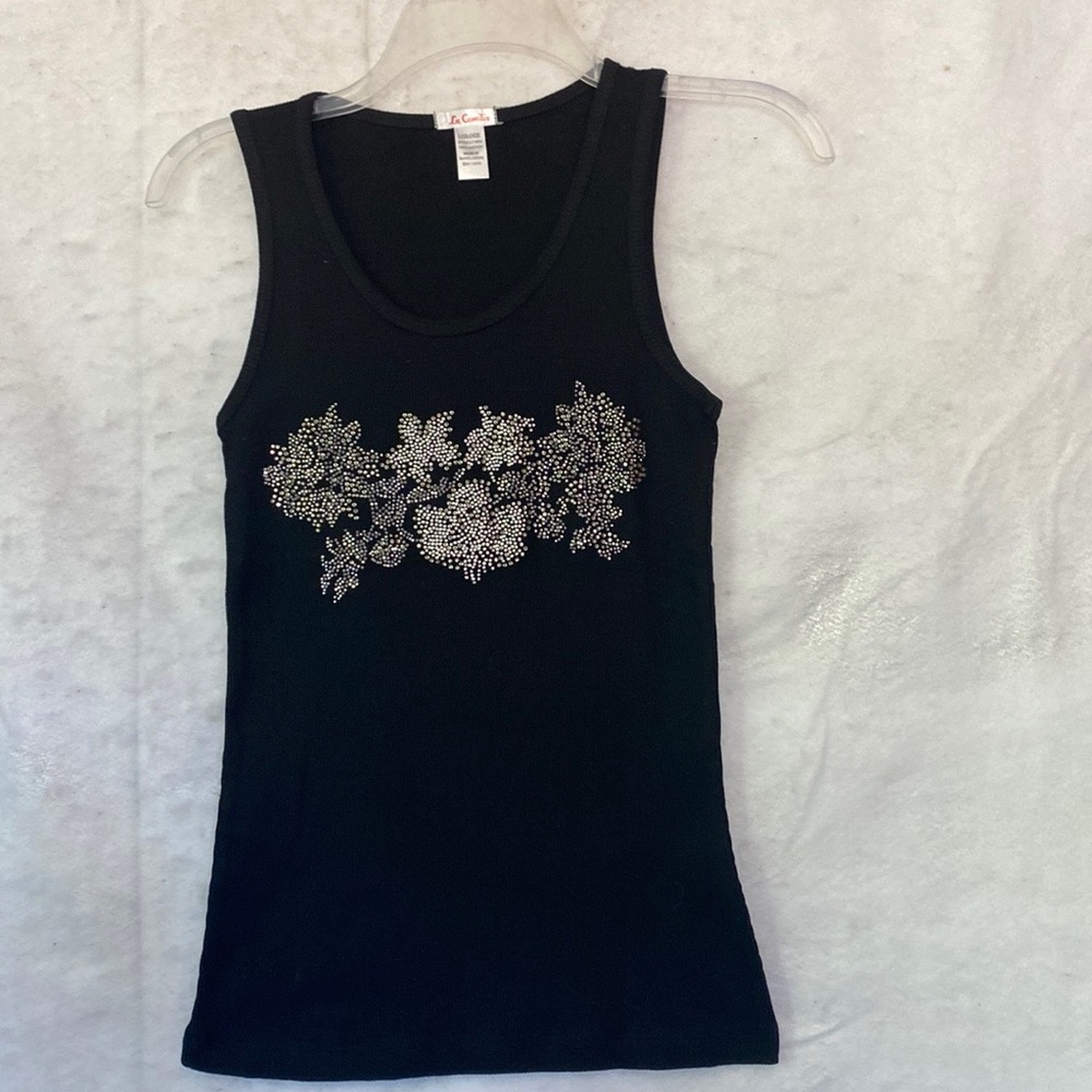 Black Tank Top Rhinestone Floral Design